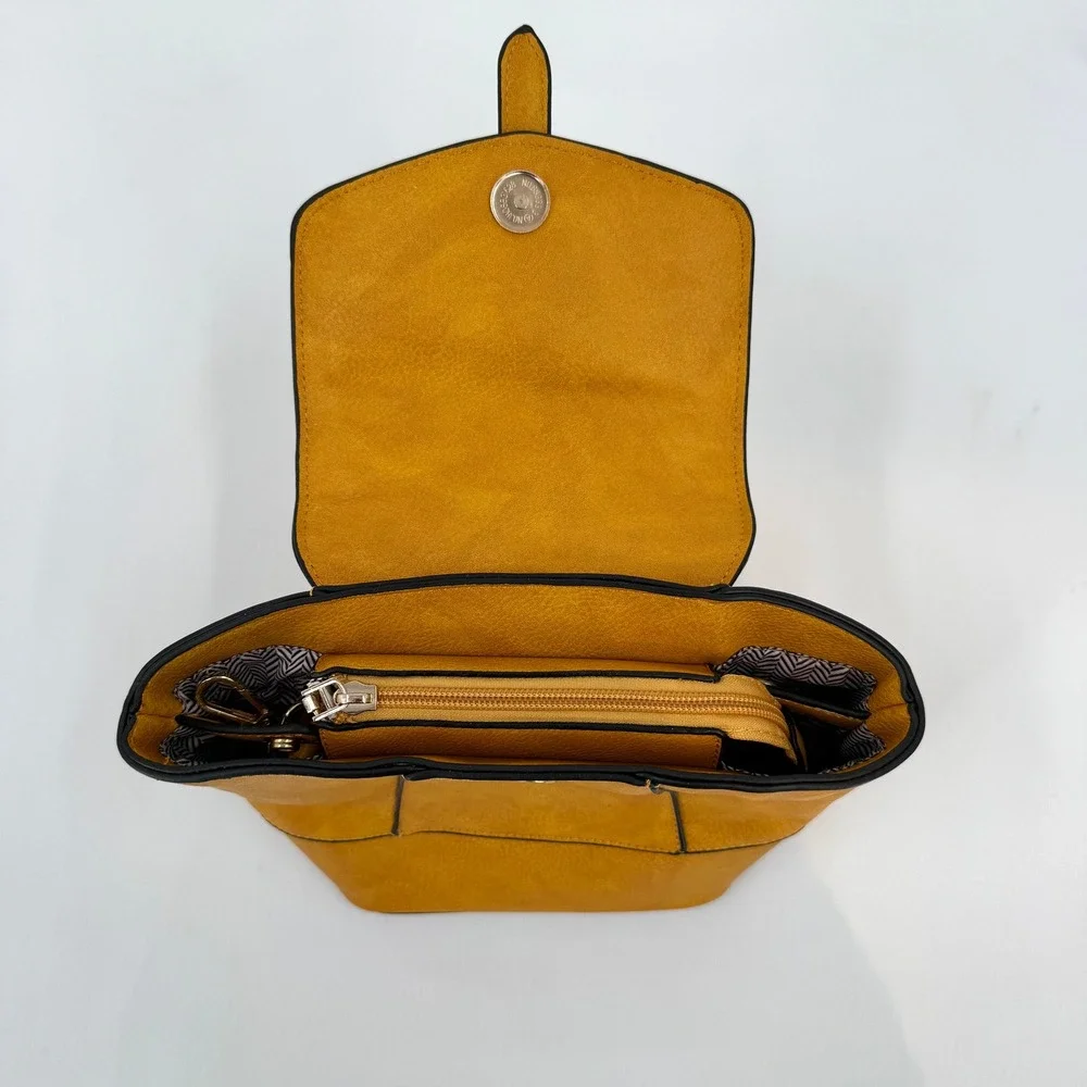 Mustard Yellow Faux Leather Convertible Backpack Crossbody HandBag Gold Hardware